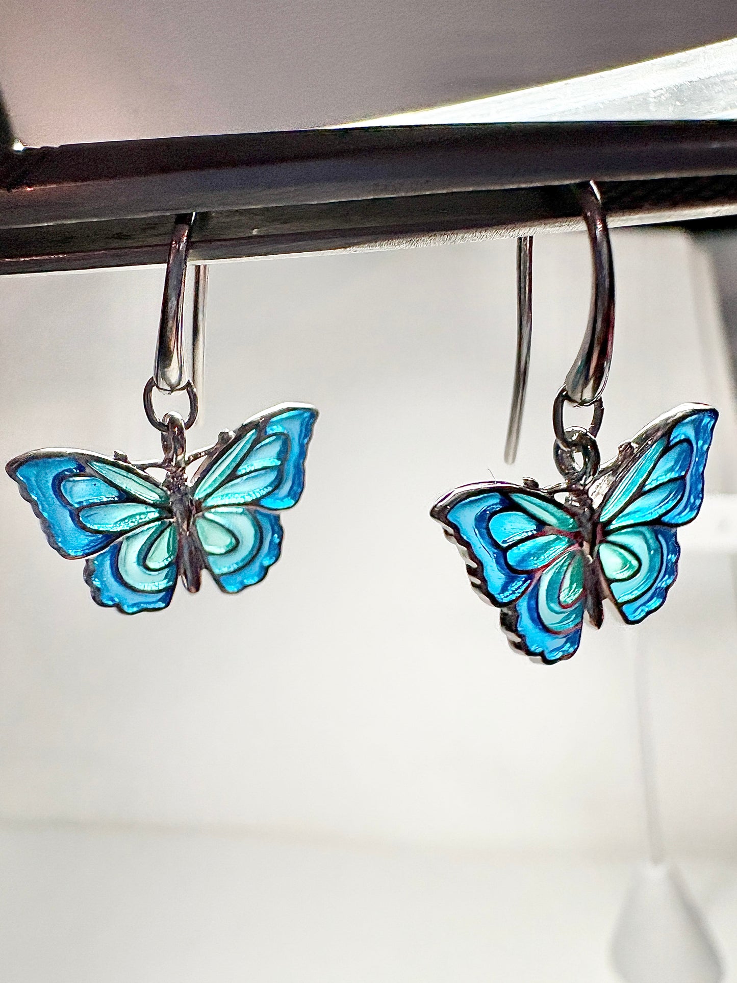 Blue Plique-a-Jour Butterfly Wire Earrings. Sterling Silver