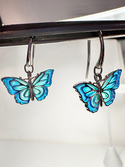 Blue Plique-a-Jour Butterfly Wire Earrings. Sterling Silver