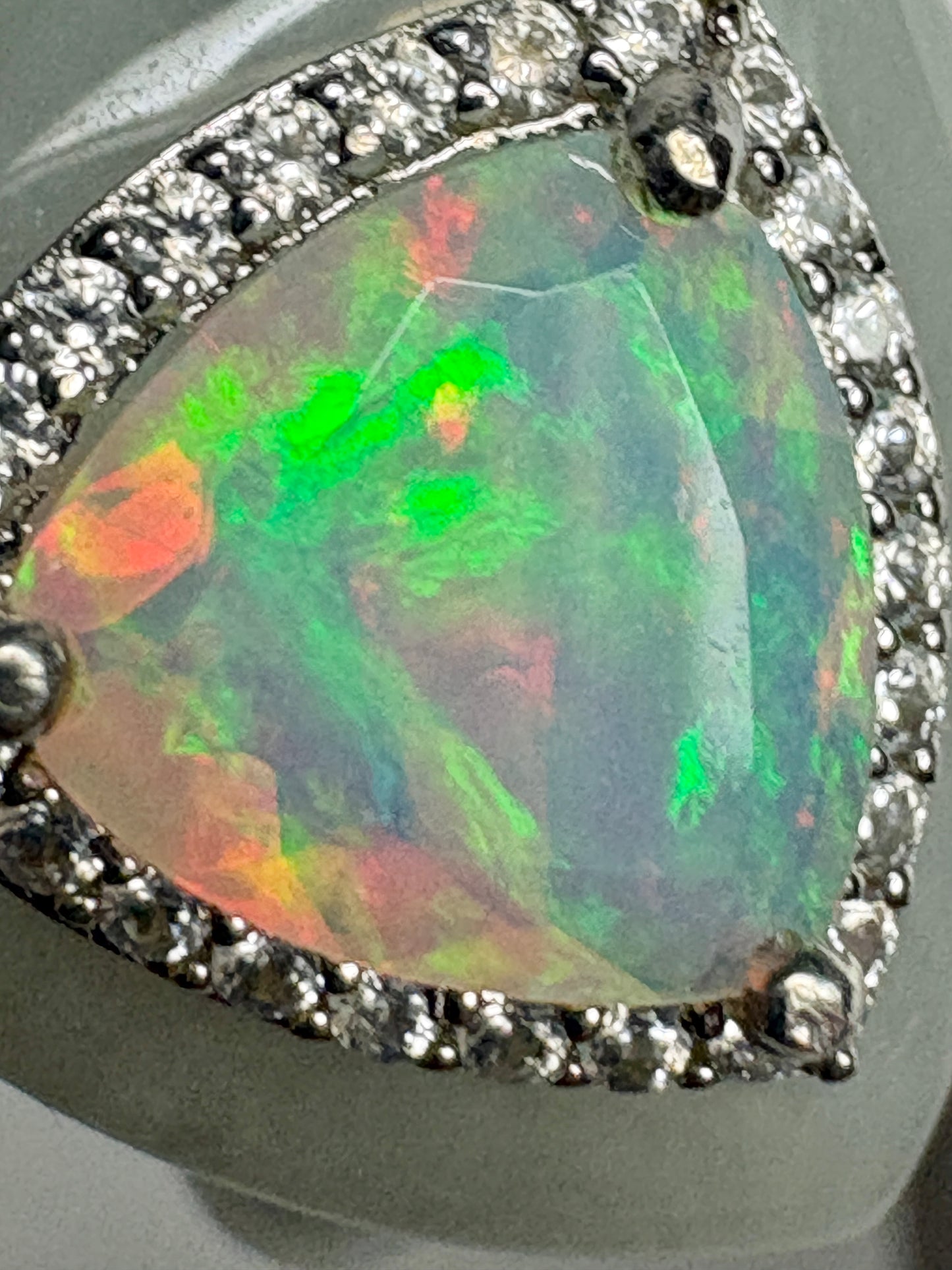 Type A Burmese Jadeite Jade Ethiopian Opal Trillion Halo Ring with Zircon size 7