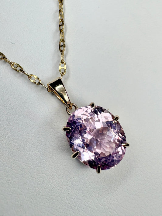 Kunzite Solitaire Pendant Necklace 9k Gold 18"