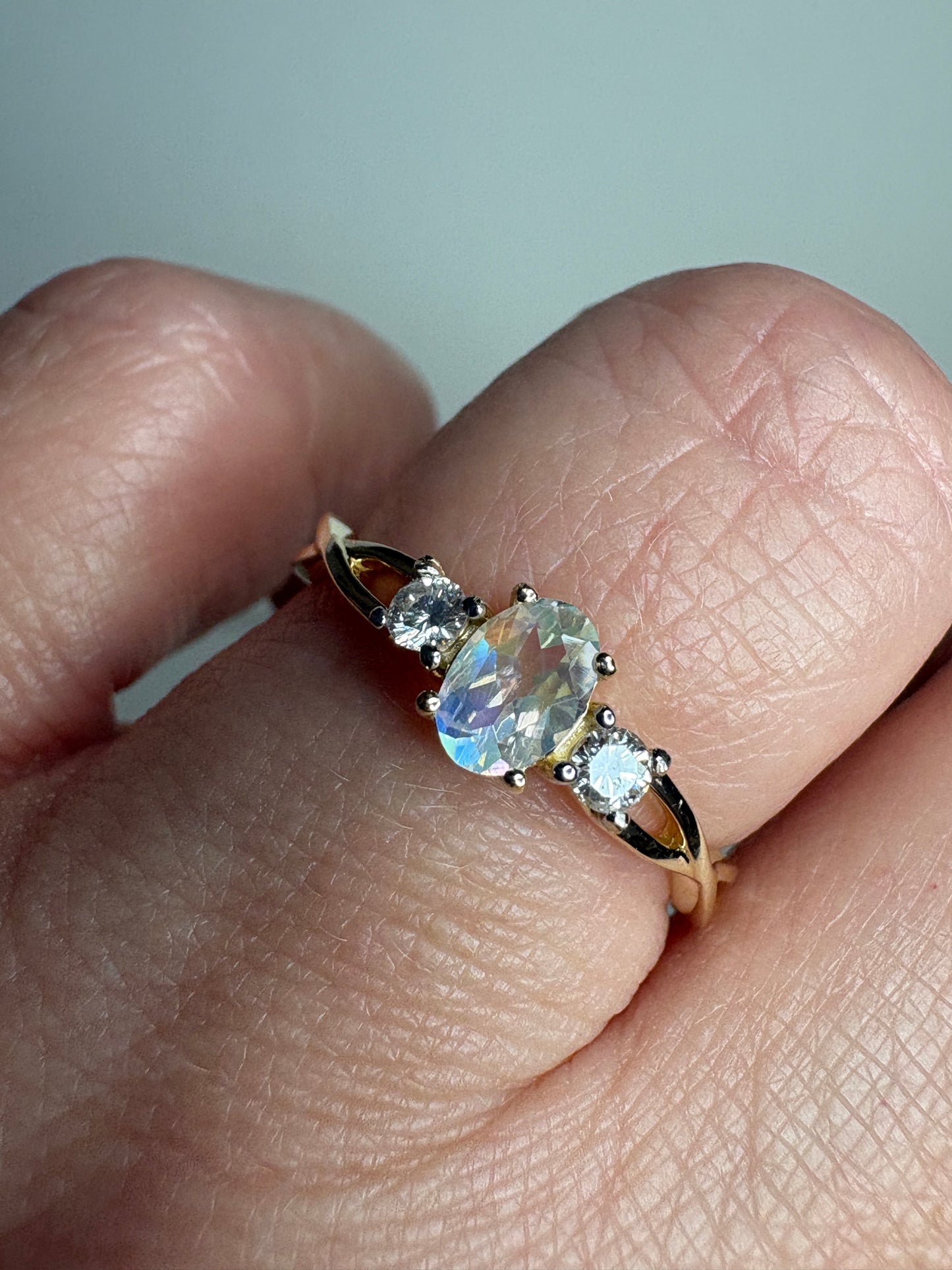 Fine Rainbow Moonstone and Diamond Ring 9k Gold size 8