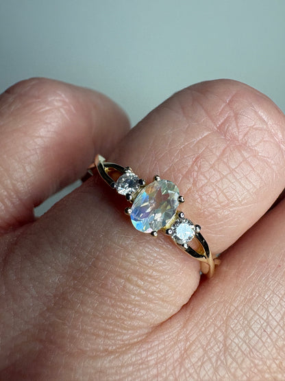 Fine Rainbow Moonstone and Diamond Ring 9k Gold size 8