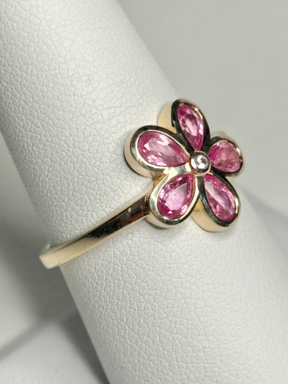 Pink Sapphire Bezel Set Flower Ring 9k Gold size 8