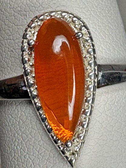 Oregon Fire Opal Cabochon Teardrop Ring Sterling Silver size 7