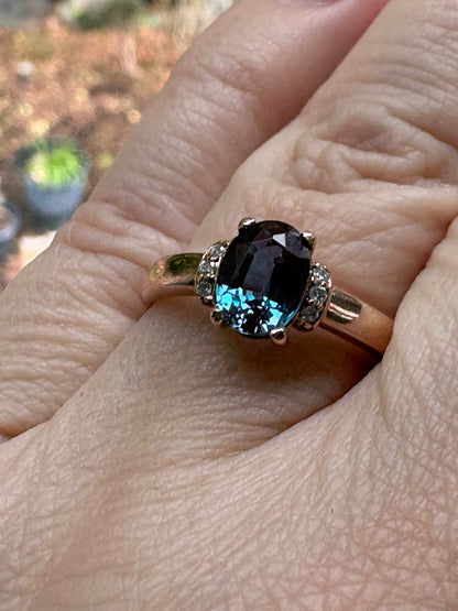 Russian Lab Grown Alexandrite Chrysoberyl and Diamond Ring Solid 10k Rose Gold size 8.75
