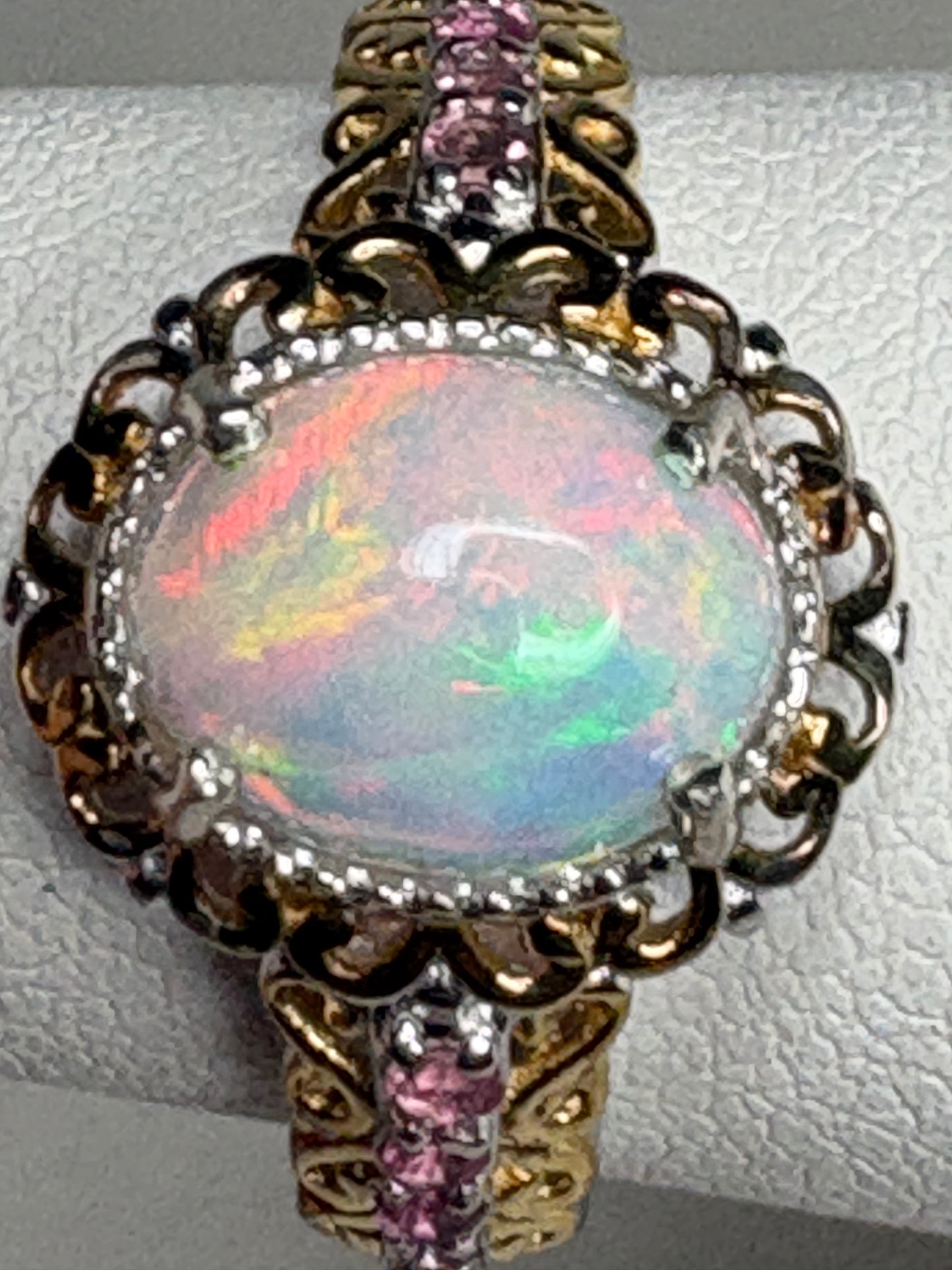 Ethiopian Wello Opal and Pink Tourmaline Ring Sterling Silver Gold Accents size 7