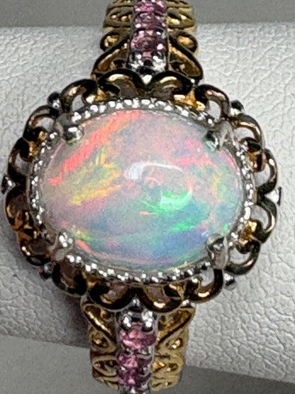 Ethiopian Wello Opal and Pink Tourmaline Ring Sterling Silver Gold Accents size 7