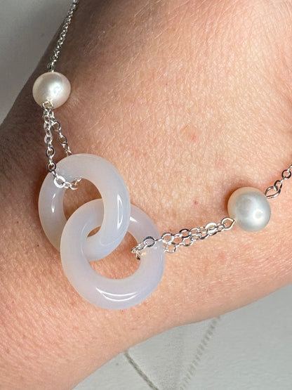 Linked Chalcedony and Cultured Freshwater Pearl Sterling Silver Necklace 19"
