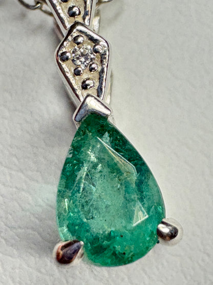 Zambian Emerald Pear Shaped Solitaire Pendant Necklace Sterling Silver 19"