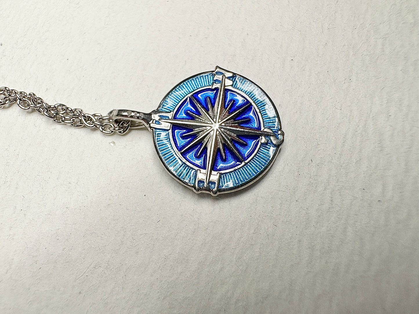 Blue Compass Rose Necklace. Sterling Silver-White Sapphires