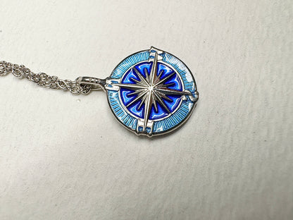 Blue Compass Rose Necklace. Sterling Silver-White Sapphires