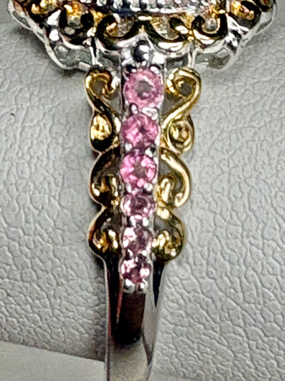 Ethiopian Wello Opal and Pink Tourmaline Ring Sterling Silver Gold Accents size 7