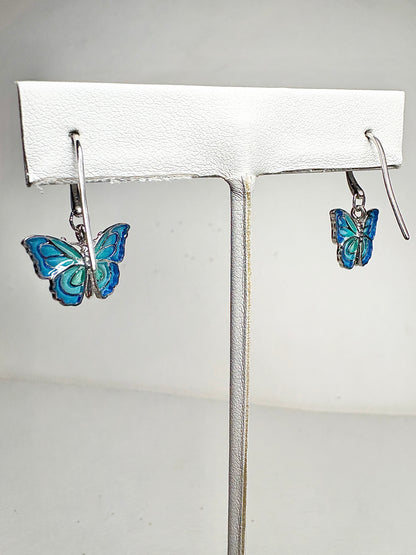 Blue Plique-a-Jour Butterfly Wire Earrings. Sterling Silver