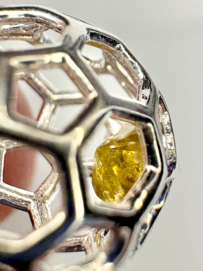 Natural Yellow Diamond in Honey Comb Cage Sterling SIlver Pendant Necklace 18"