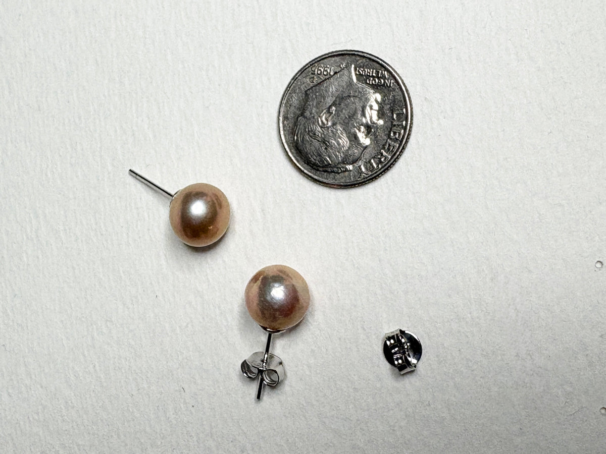 Pink Peach Naturally Colored Cultured Freshwater Pearl Stud Earrings in Sterling Silver 8.5mm