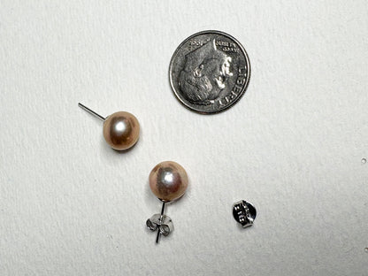 Pink Peach Naturally Colored Cultured Freshwater Pearl Stud Earrings in Sterling Silver 8.5mm