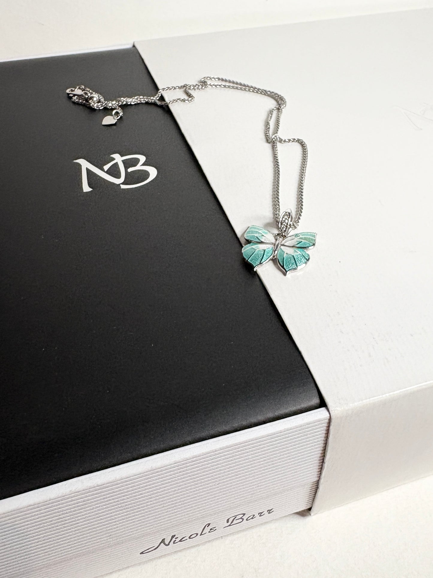 Nicole Barr Enameled Aqua Butterfly and Diamond Pendant Necklace in Adjustable Sterling Silver