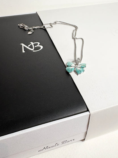 Nicole Barr Enameled Aqua Butterfly and Diamond Pendant Necklace in Adjustable Sterling Silver