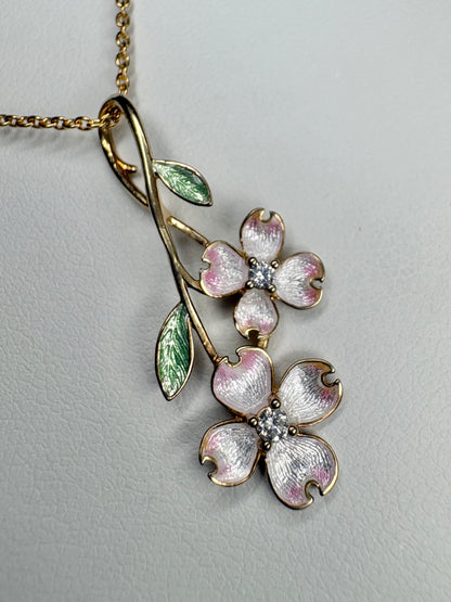 Silver.Gold Plated White Dogwood Pendant. -Diamond