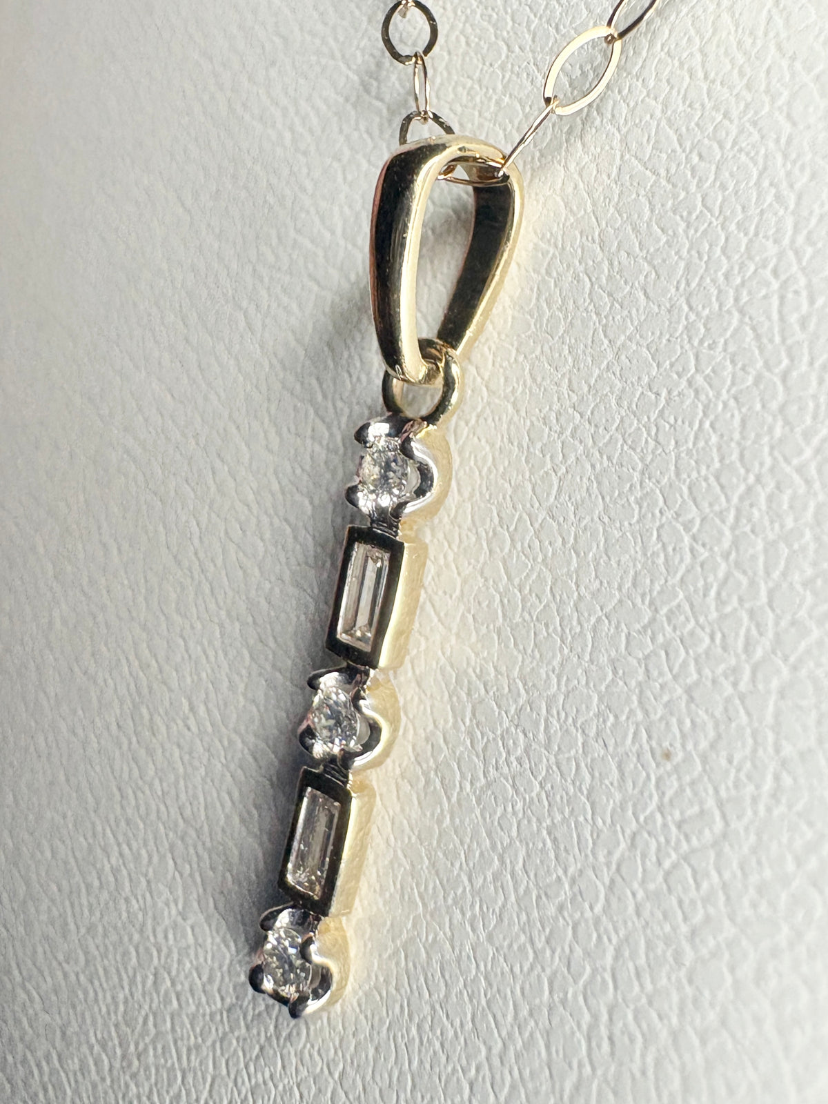 Small Natural Diamond Baguette and Round Bar Pendant Necklace 9k Gold 18"