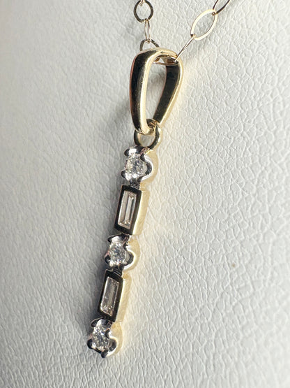 Small Natural Diamond Baguette and Round Bar Pendant Necklace 9k Gold 18"