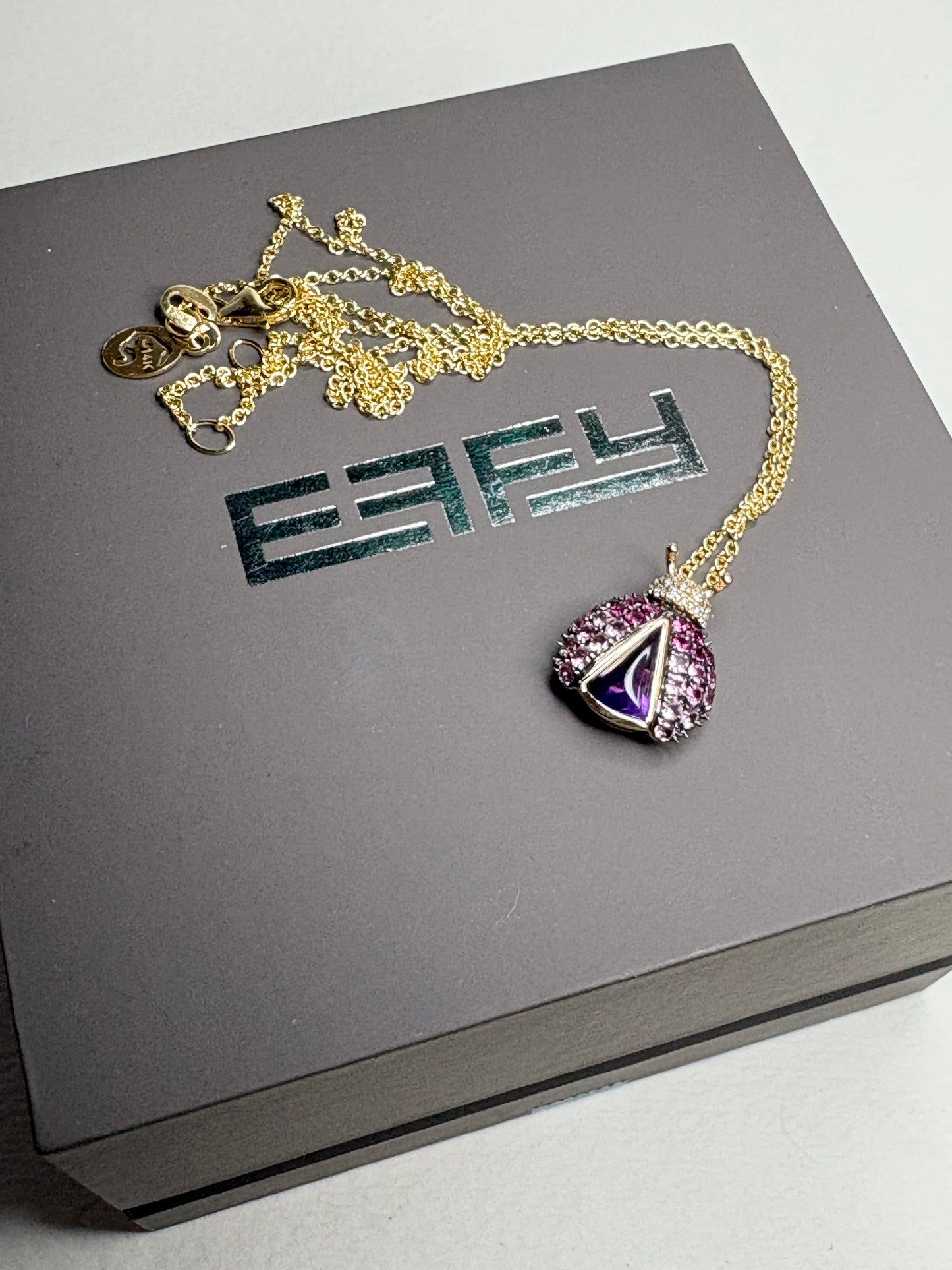 Effy Ladybug Amethyst Diamond Ruby and Pink Sapphire Pendant Necklace Adjustable 18" Solid 14k
