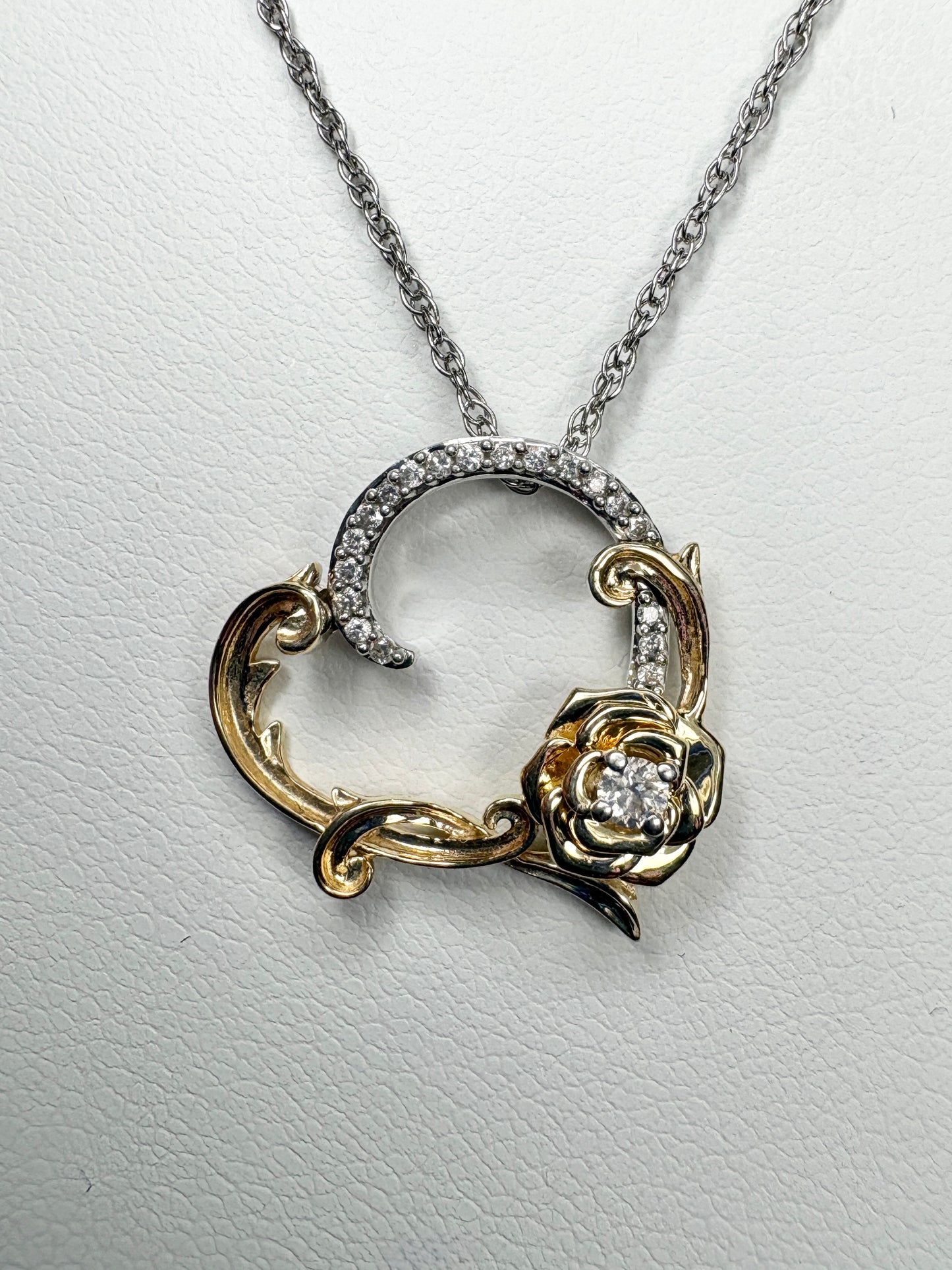 Disney Enchanted Belle Diamond and White Sapphire Rose Heart Pendant Necklace 14k and Sterling silver 18"
