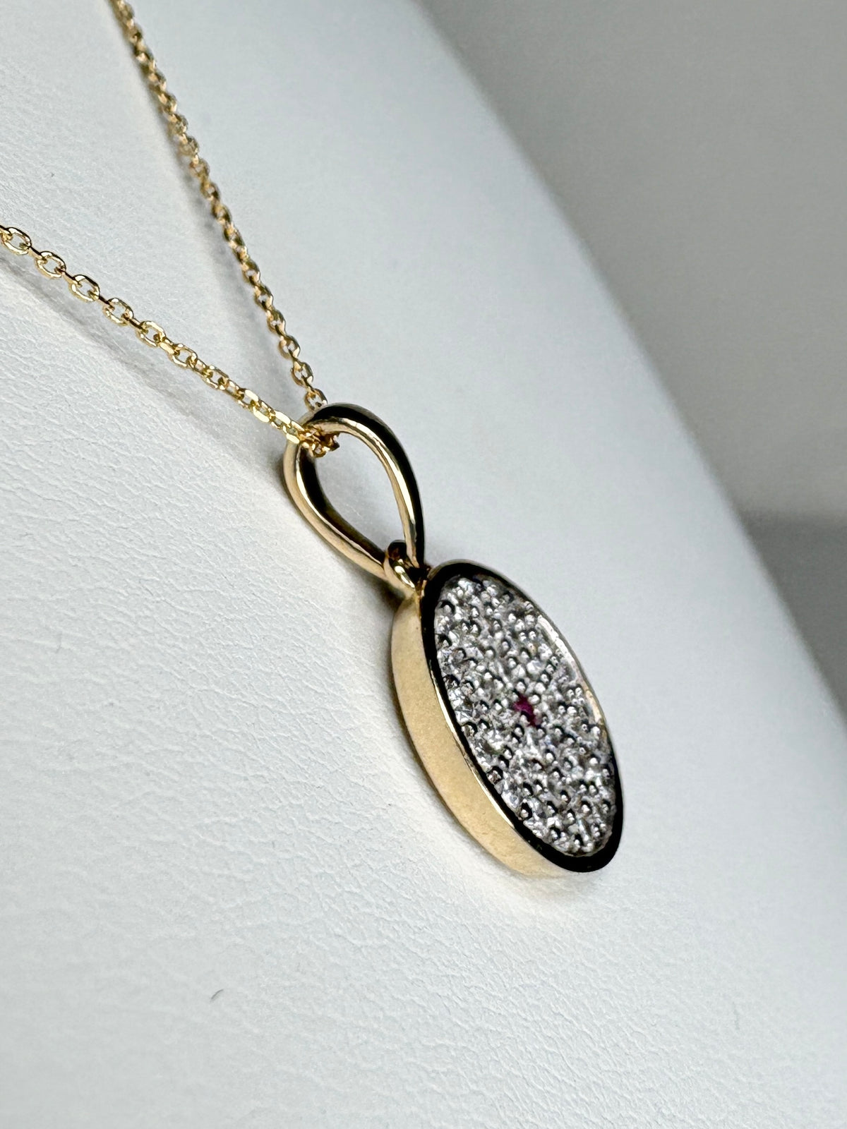 Diamond and Pink Sapphire DIsc Pendant Necklace 9k Gold with 10k Gold Chain 18" .37ctw