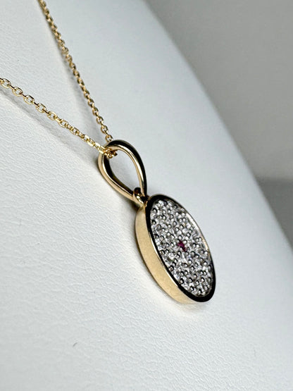 Diamond and Pink Sapphire DIsc Pendant Necklace 9k Gold with 10k Gold Chain 18" .37ctw
