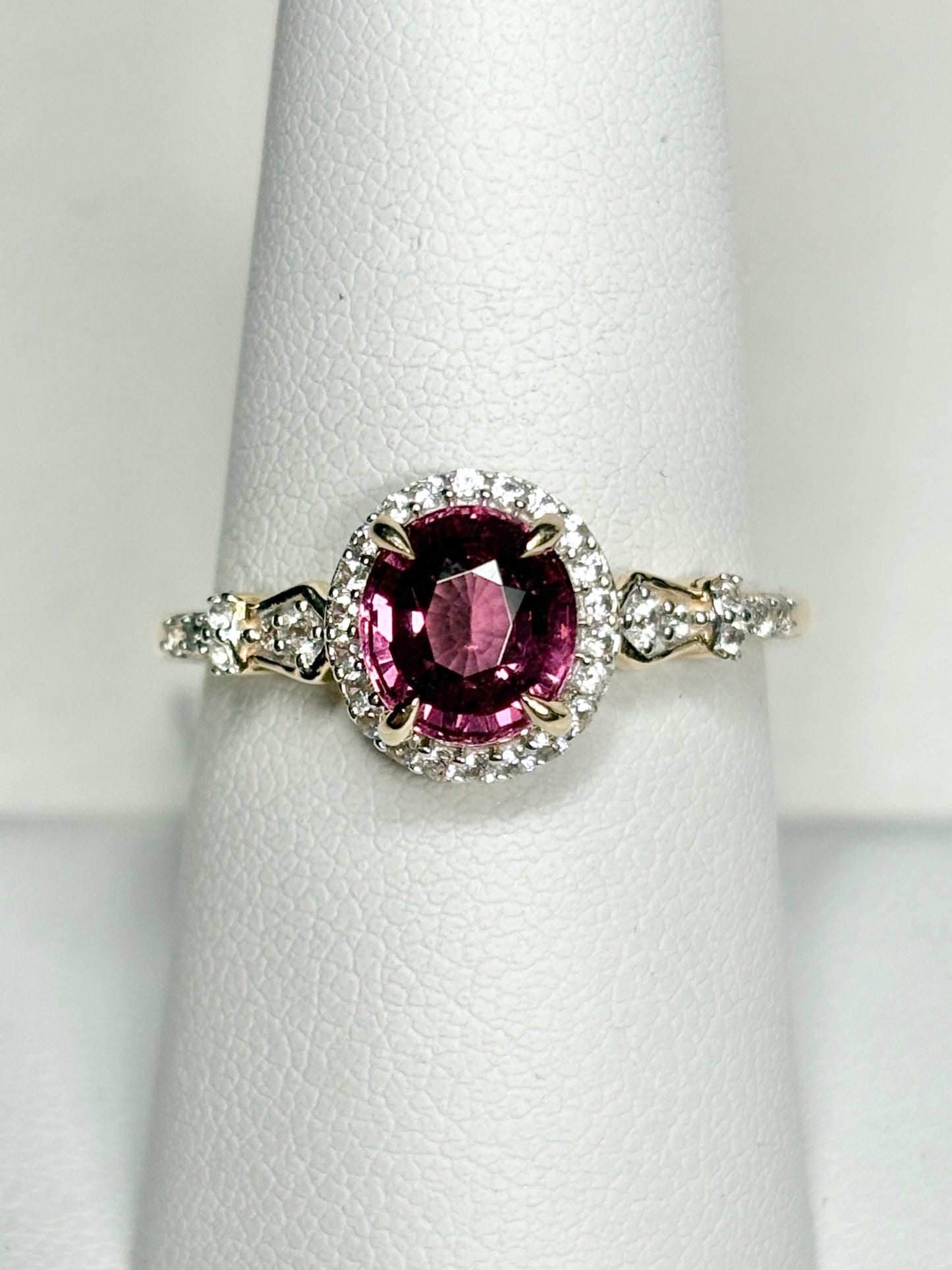 Malawi Rhodolite Garnet and Zircon Halo Ring 9k Gold size 8