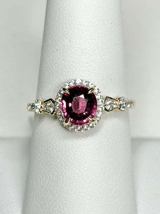 Malawi Rhodolite Garnet and Zircon Halo Ring 9k Gold size 8