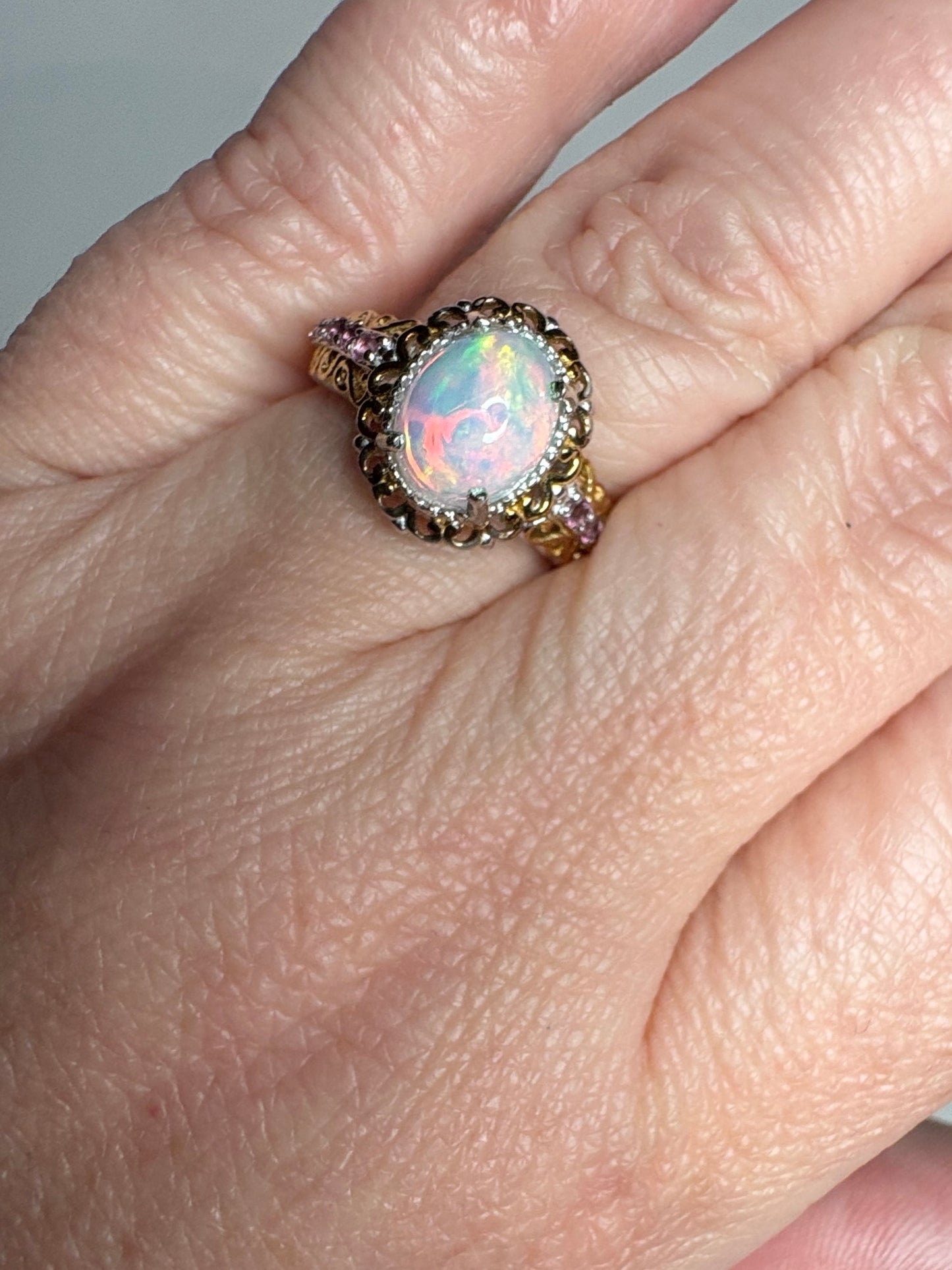 Ethiopian Wello Opal and Pink Tourmaline Ring Sterling Silver Gold Accents size 7