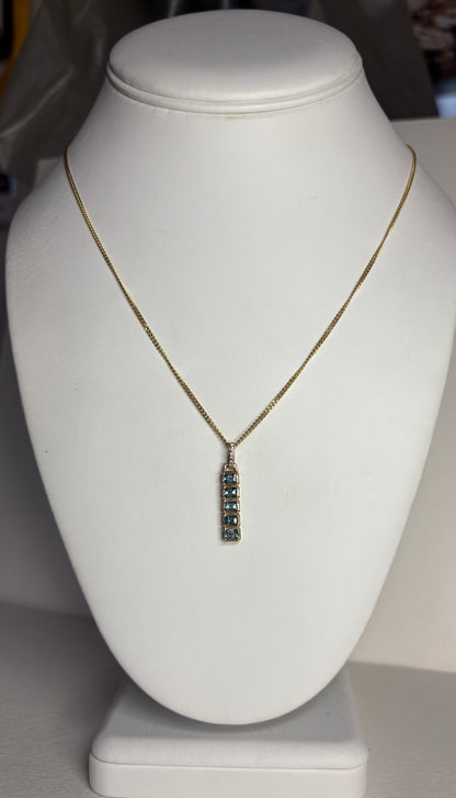 Untreated Montana Bar Sapphire and Diamond Pendant Necklace 9k with 14k Chain 18"