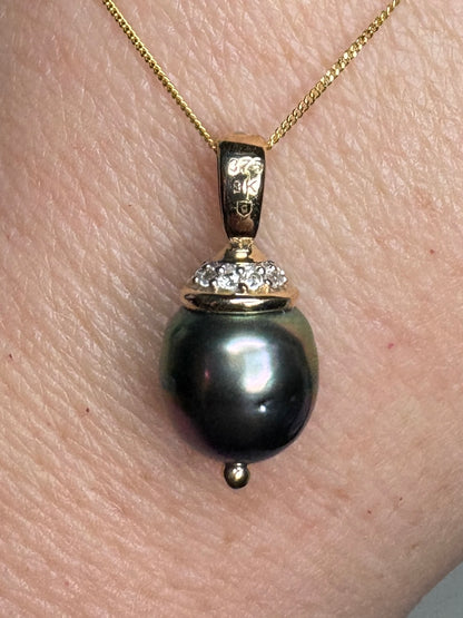 Tahitian Pearl with Zircon Pendant Necklace in Solid 9K Gold 18"