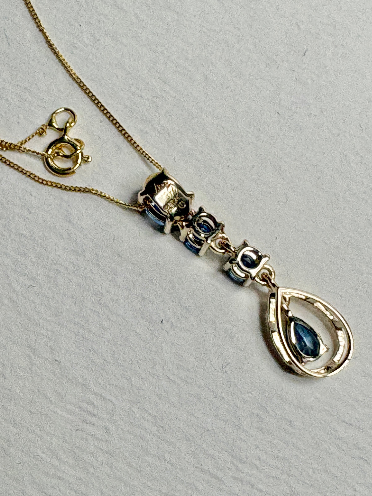 Montana Sapphire Drop Pendant Necklace 9k Gold 18"