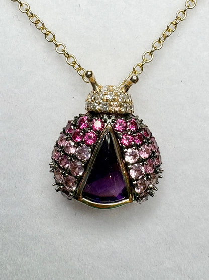 Effy Ladybug Amethyst Diamond Ruby and Pink Sapphire Pendant Necklace Adjustable 18" Solid 14k
