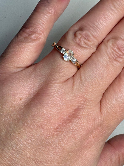 Fine Rainbow Moonstone and Diamond Ring 9k Gold size 8