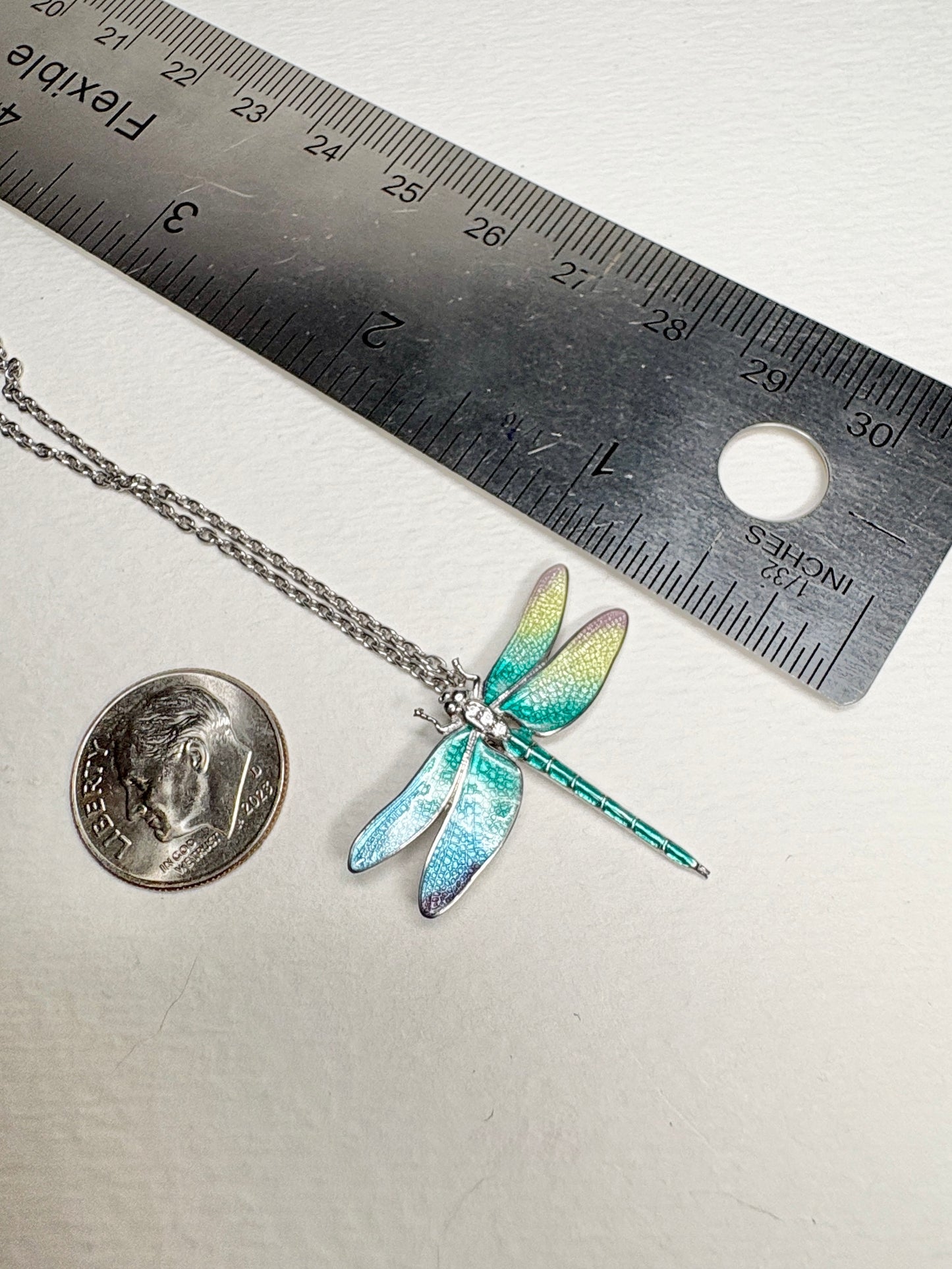 30mm Rainbow Dragonfly Necklace. Sterfling Silver-White Sapphires