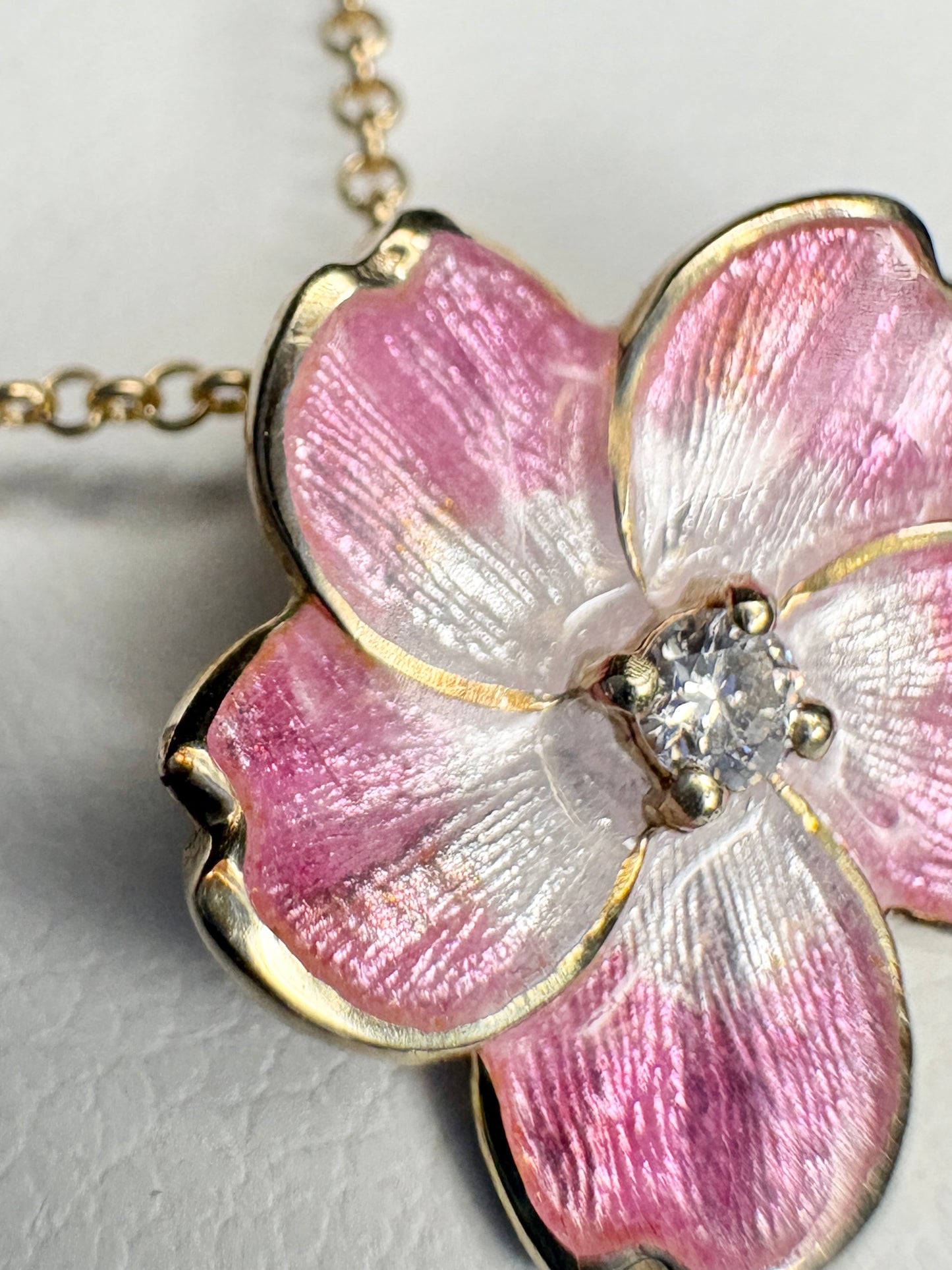 Silver.Gold Plated Pink Cherry Blossom Pendant. Gold-Diamond