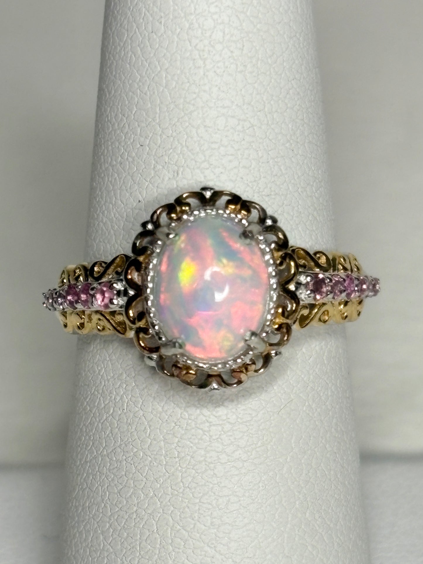 Ethiopian Wello Opal and Pink Tourmaline Ring Sterling Silver Gold Accents size 7