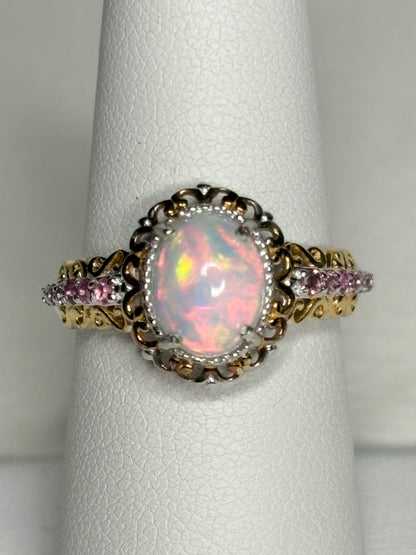 Ethiopian Wello Opal and Pink Tourmaline Ring Sterling Silver Gold Accents size 7