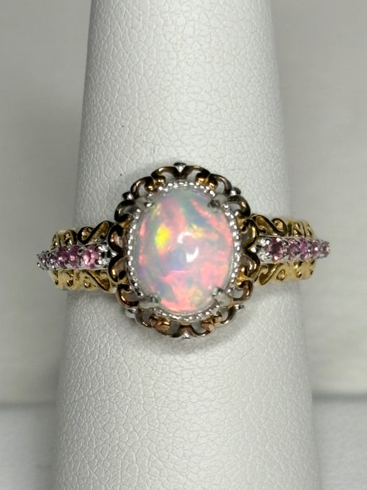 Ethiopian Wello Opal and Pink Tourmaline Ring Sterling Silver Gold Accents size 7