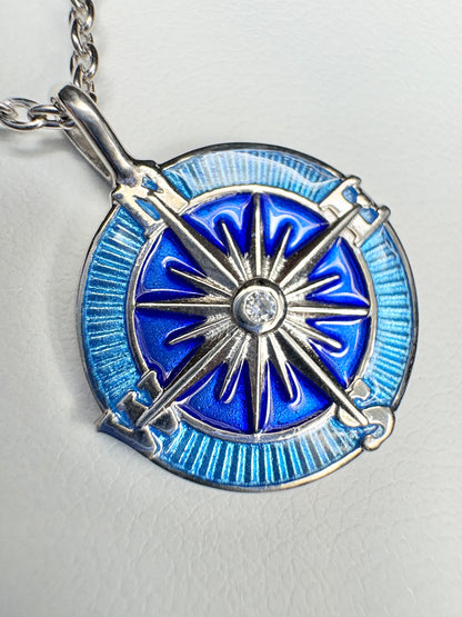 Blue Compass Rose Necklace. Sterling Silver-White Sapphires