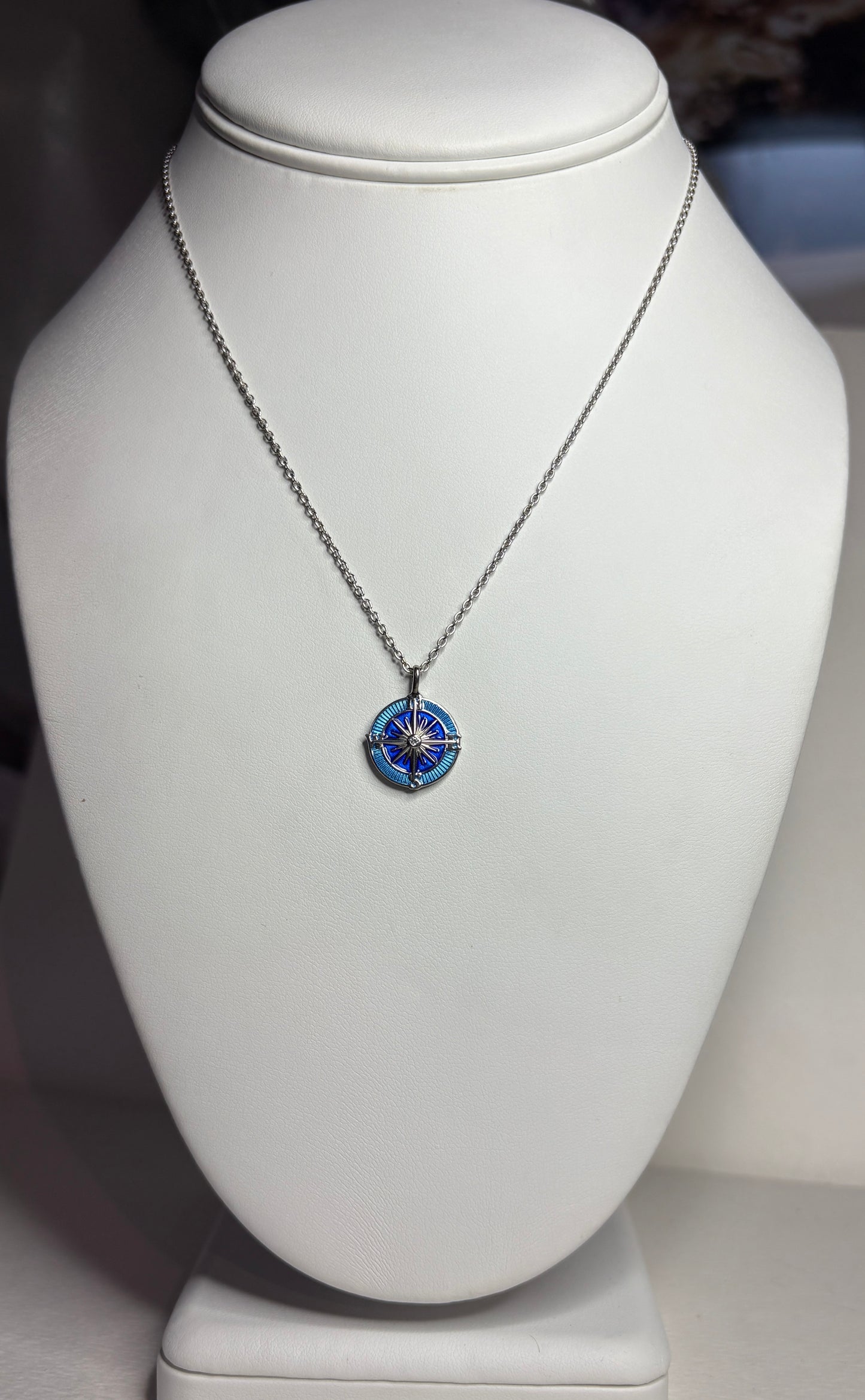Blue Compass Rose Necklace. Sterling Silver-White Sapphires