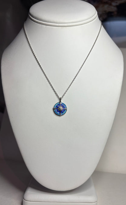 Blue Compass Rose Necklace. Sterling Silver-White Sapphires