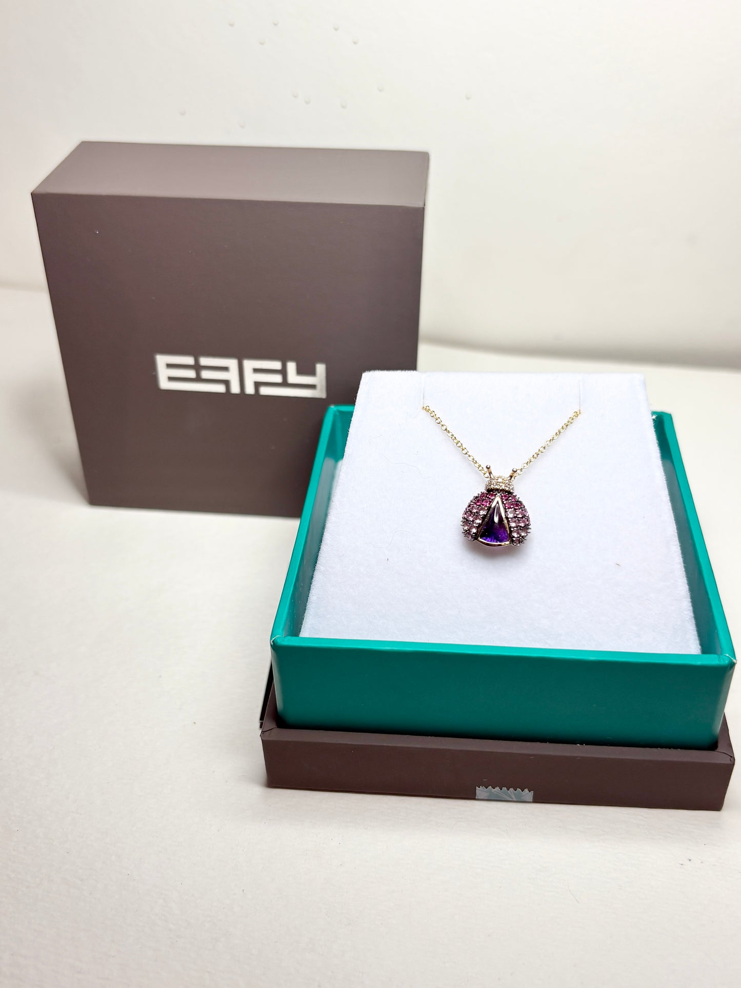 Effy Ladybug Amethyst Diamond Ruby and Pink Sapphire Pendant Necklace Adjustable 18" Solid 14k