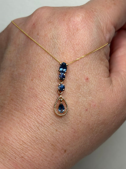 Montana Sapphire Drop Pendant Necklace 9k Gold 18"