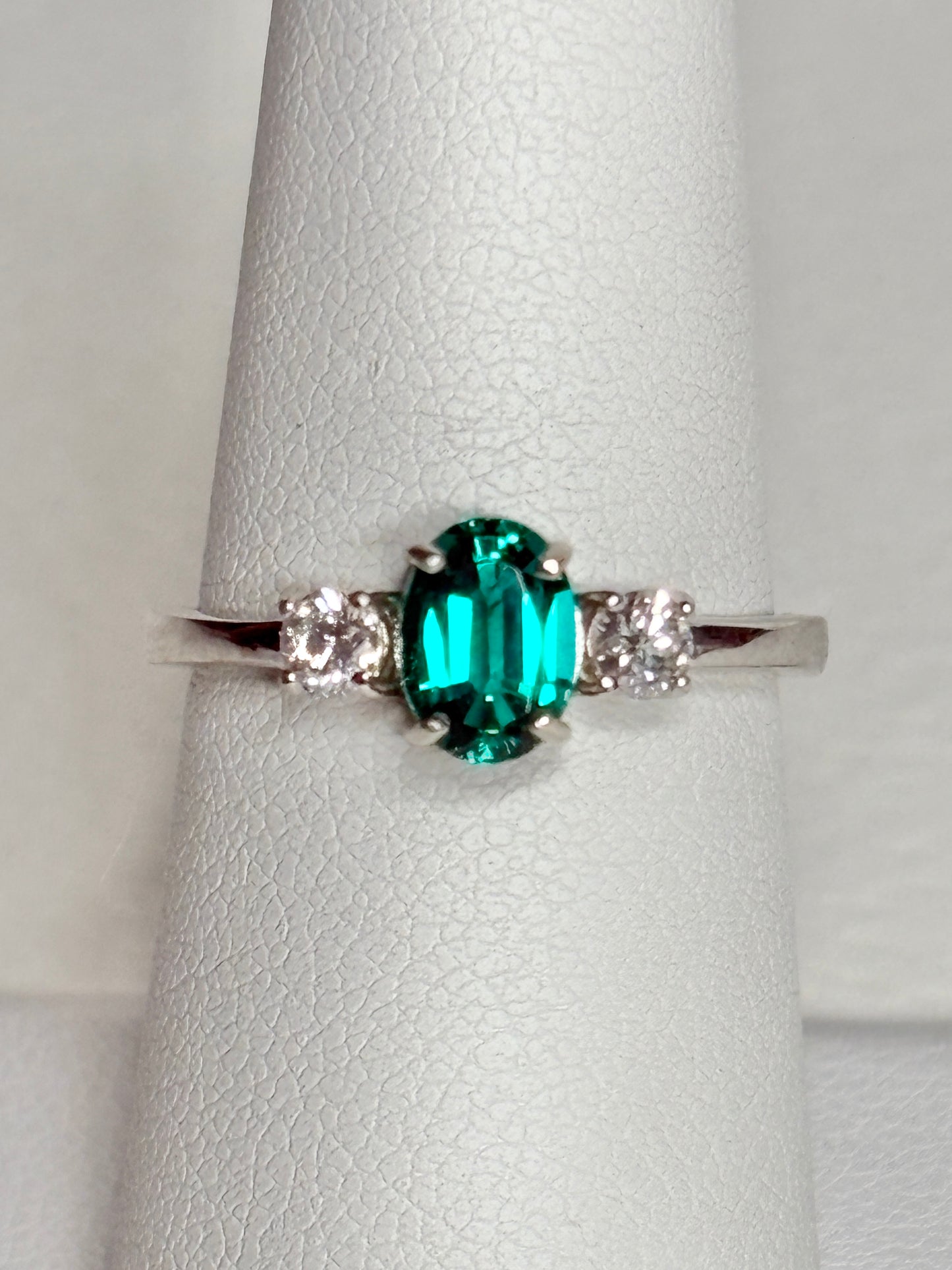 Lab-Grown Emerald and Diamond Ring Sterling Silver size 7