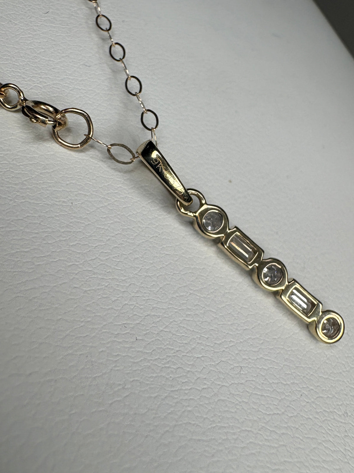 Small Natural Diamond Baguette and Round Bar Pendant Necklace 9k Gold 18"