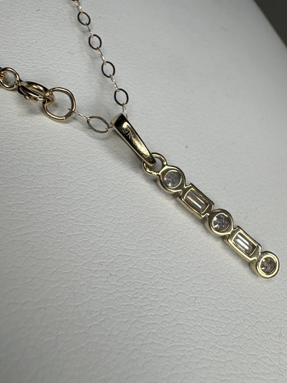 Small Natural Diamond Baguette and Round Bar Pendant Necklace 9k Gold 18"